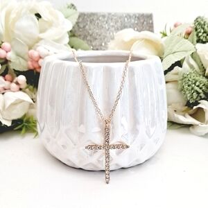 💖 2/$30 Gold Rhinestone religious cross pendant chain women's necklace New